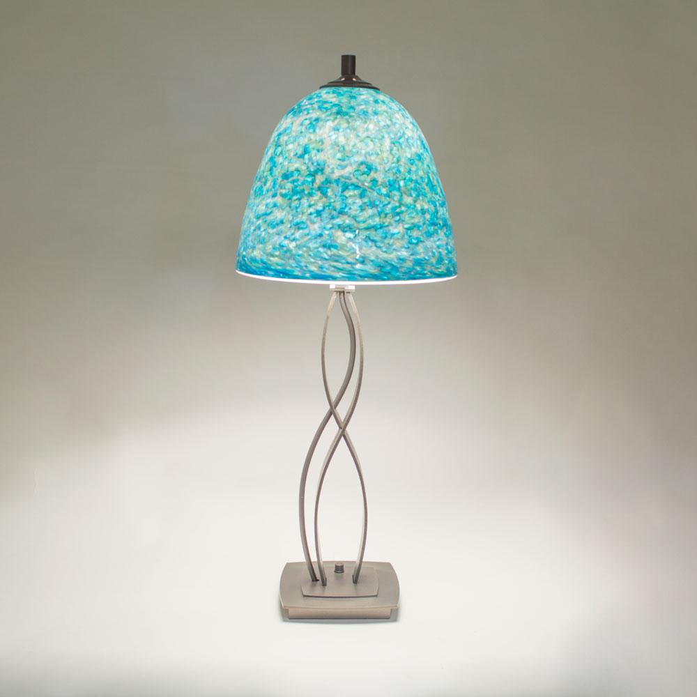 silver table lamp with blue shade